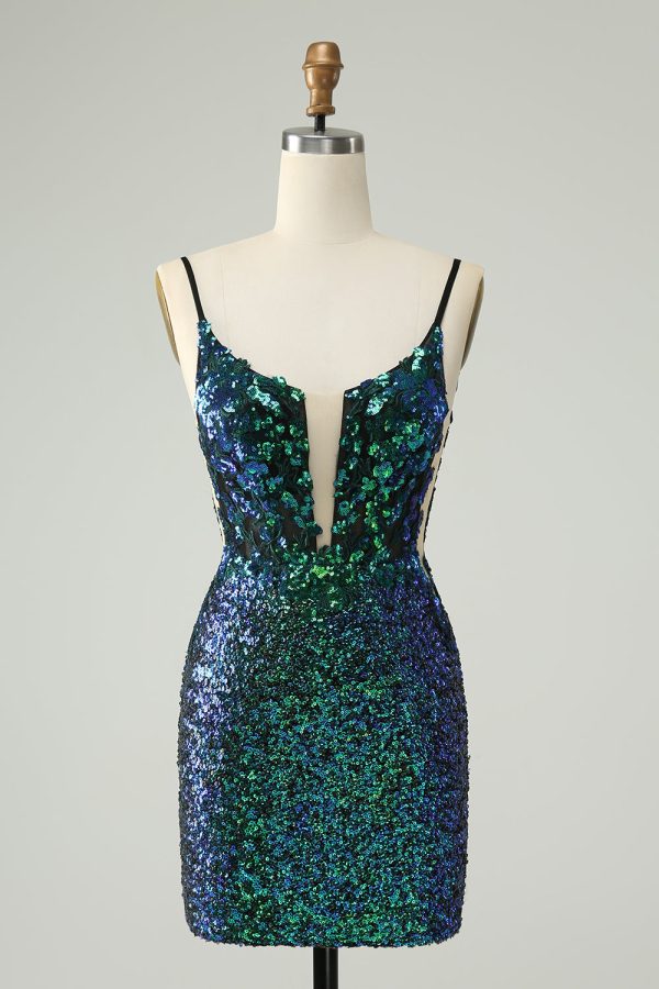 Sparkly Dark Green Spaghetti Straps Tight Short Homecoming Dress with Sequins Supply