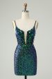 Sparkly Dark Green Spaghetti Straps Tight Short Homecoming Dress with Sequins Supply