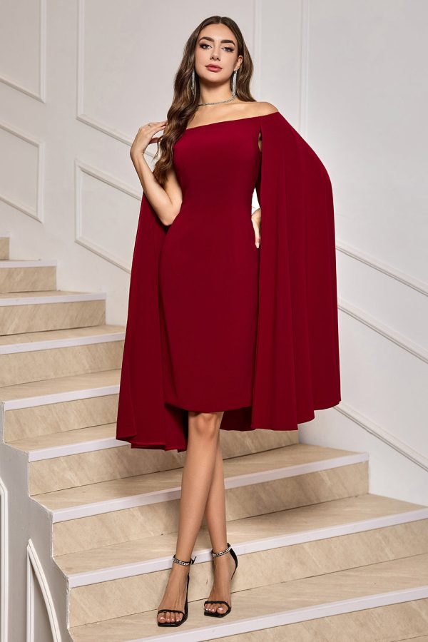 Burgundy Bodycon Off the Shoulder Midi Cocktail Dress With Cape Sleeves Online Hot Sale