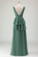 Eucalyptus A Line V-Neck Ruffled Long Bridesmaid Dress with Slit For Discount