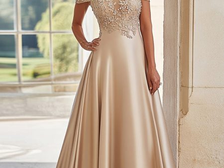 A Line Champagne Off The Shoulder Embroidered Mother of the Bride Dress For Discount