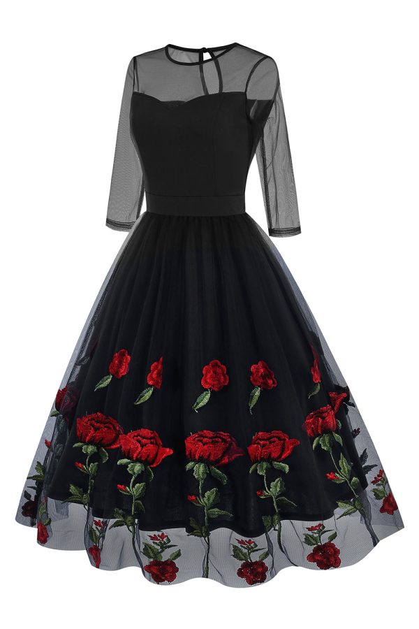 Black A Line Rose Floral 1950s Dress with Half Sleeves Sale