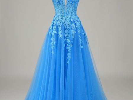 A-Line Spaghetti Straps Blue Tulle Prom Dress With Appliques Online