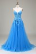 A-Line Spaghetti Straps Blue Tulle Prom Dress With Appliques Online