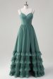 Eucalyptus A-Line Corset Ruffled Chiffon Long Bridesmaid Dress with Slit Online Hot Sale