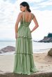 Green A Line Ruffled Floral Long Bridesmaid Dress with Lace Cheap