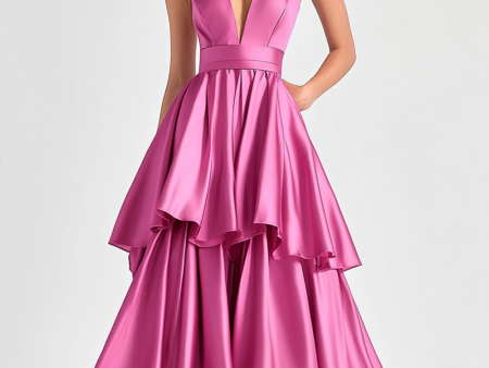 Fuchsia A-Line V Neck Ruffles Long Prom Dress Supply