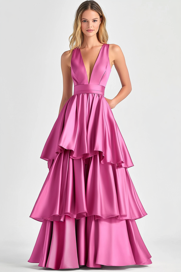 Fuchsia A-Line V Neck Ruffles Long Prom Dress Supply