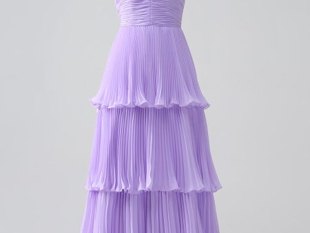 A-Line Sweetheart Lilac Tiered Chiffon Long Bridesmaid Dress with Pleated For Discount