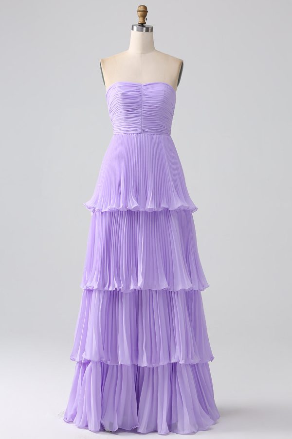 A-Line Sweetheart Lilac Tiered Chiffon Long Bridesmaid Dress with Pleated For Discount