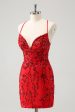 Sparkly Floral Red Tight Short Homecoming Dress with Sequins For Cheap