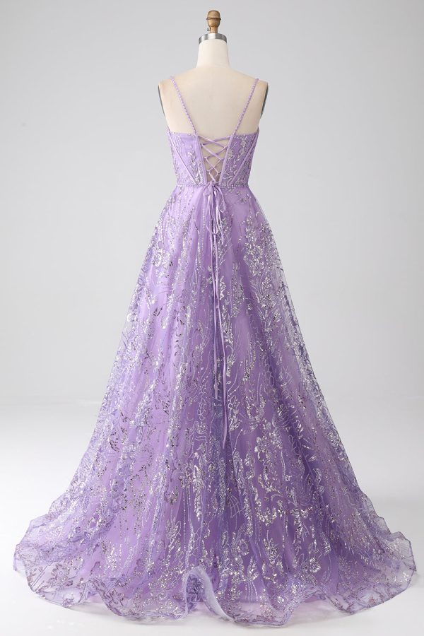 A-Line Spaghetti Straps Lilac Corset Prom Dress with Sequins For Discount