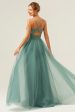 Eucalyptus Spaghetti Straps Tulle A-Line Long Bridesmaid Dress For Cheap