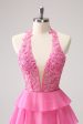 Hot Pink A Line Halter Tiered Corset Short Homecoming Dress with Ruffles Online