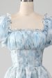 A Line Square Neck Light Blue Tiered Prom Dress with Ruffles Online now