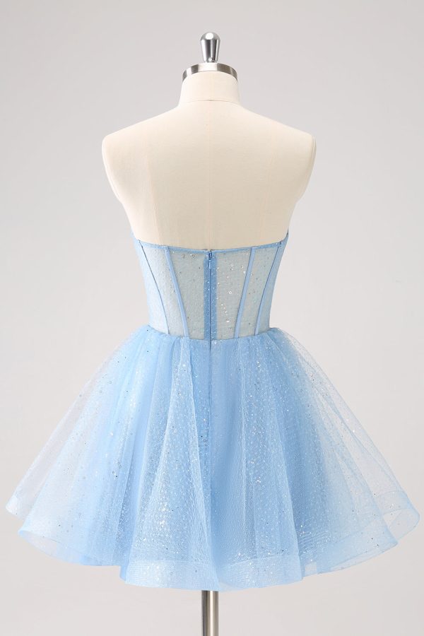 Sky Blue A Line Sweetheat Corset Tulle Homecoming Dress with Sequins For Cheap