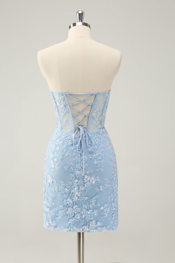 Light Blue Corset Sequins Sweetheart Short Tight Homecoming Dress with Lace-up Back Cheap