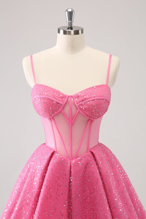 Pink A-Line Spaghetti Straps Corset Cocktail Dress with Sequins Sale