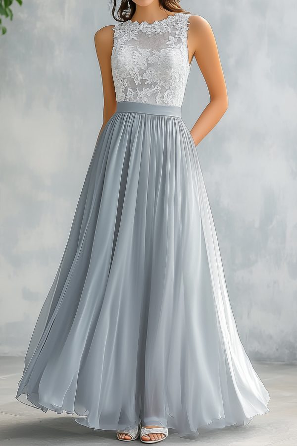 Light Grey A Line Lace Chiffon Long Bridesmaid Dress Fashion