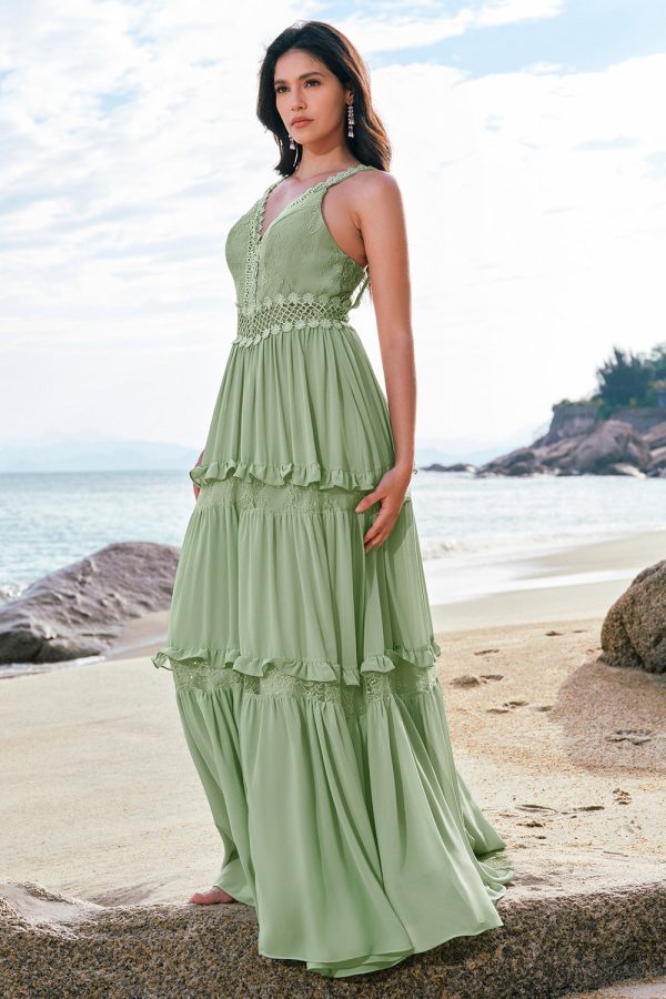 Green A Line Ruffled Floral Long Bridesmaid Dress with Lace Cheap