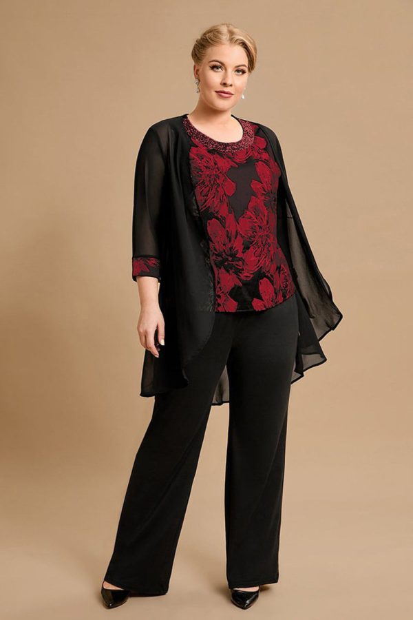 Black Red Flower Round Neck Long Sleeves 3 Pieces Mother of the Bride Pant Suits Online now