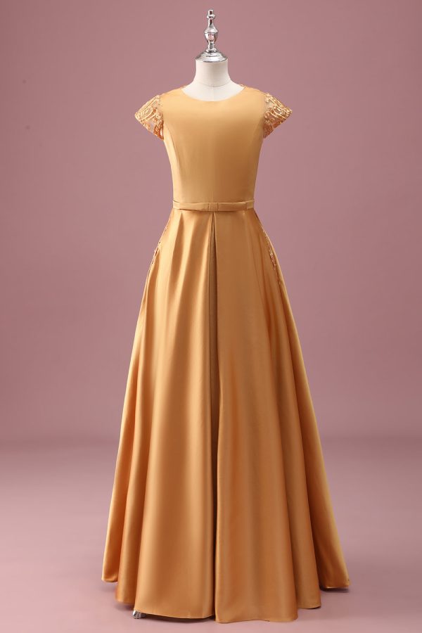 Golden Round Neck Chiffon A Line Short Sleeves Junior Bridesmaid Dress Supply