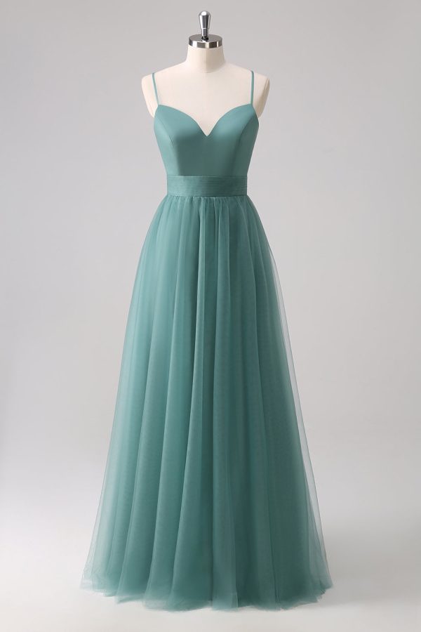 Eucalyptus Spaghetti Straps A-Line Tulle Bridesmaid Dress Sale