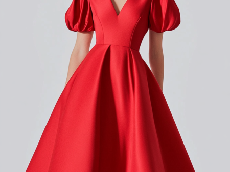 Red A Line Satin Formal Dress with Puff Sleeves For Discount