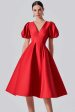 Red A Line Satin Formal Dress with Puff Sleeves For Discount