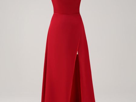 Burgundy Spaghetti Straps A-Line Bridesmaid Dress with Slit For Discount