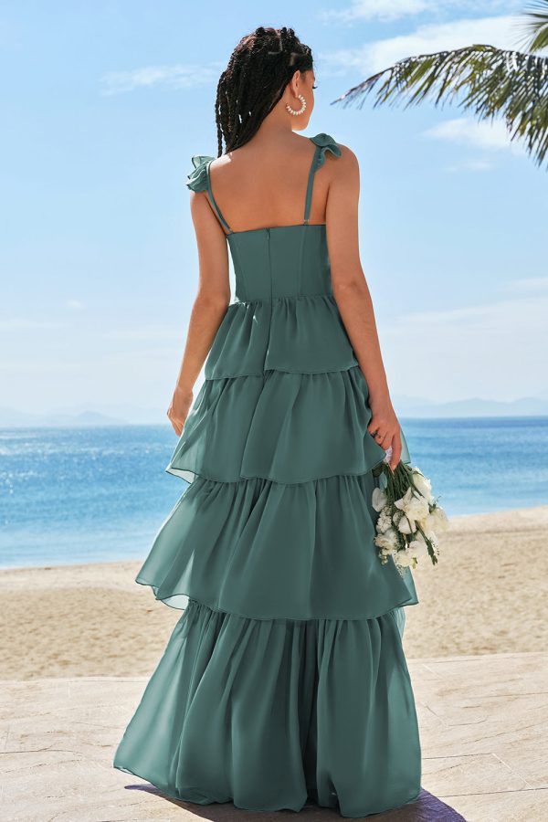 Eucalyptus A-Line Corset Tiered Long Bridesmaid Dress with Ruffle Slit Discount