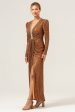 Sparkly Coffee Sheath V-Neck Sequins Long Prom Dress Supply