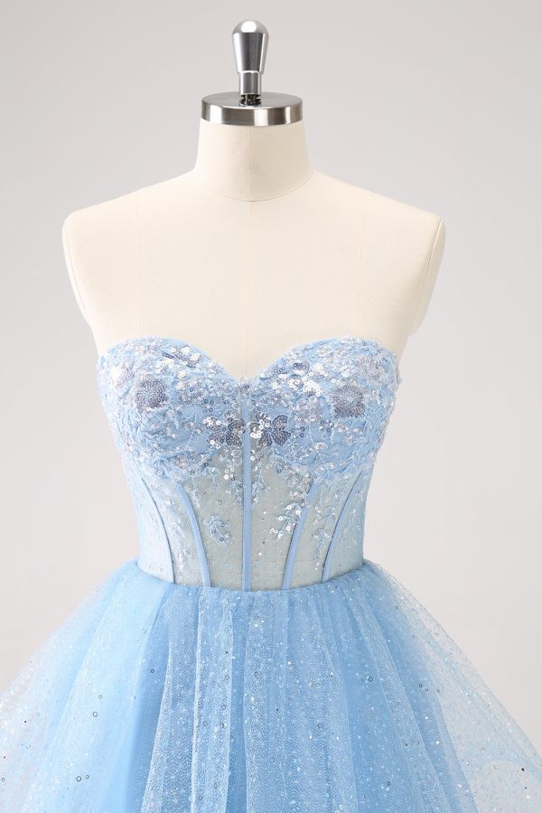 Sky Blue A Line Sweetheat Corset Tulle Homecoming Dress with Sequins For Cheap