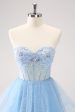 Sky Blue A Line Sweetheat Corset Tulle Homecoming Dress with Sequins For Cheap