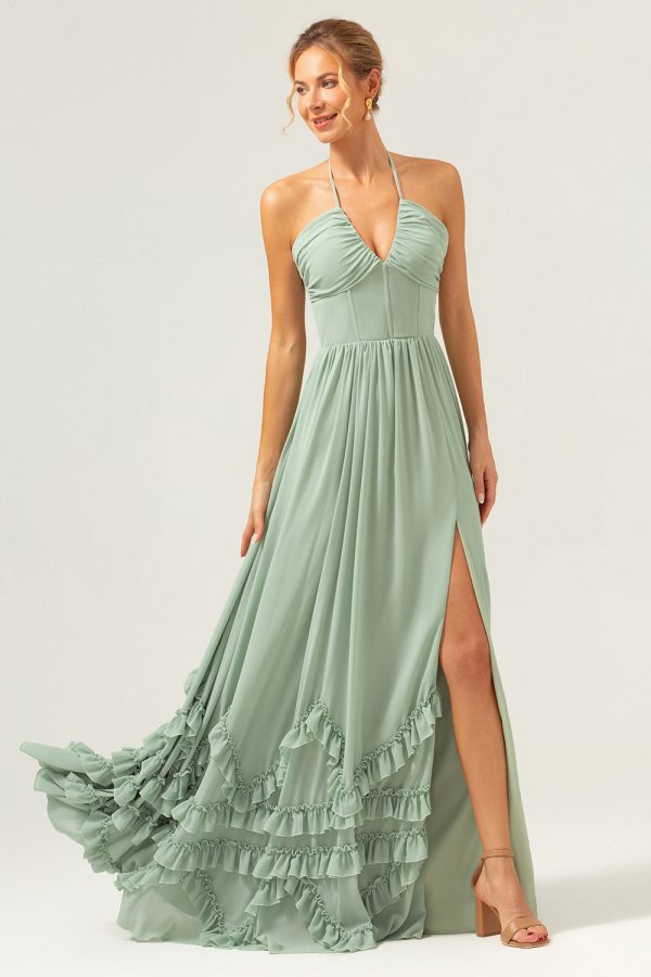 Dusty Sage Halter Corset Ruffled Long Bridesmaid Dress with Slit Discount