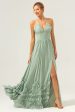 Dusty Sage Halter Corset Ruffled Long Bridesmaid Dress with Slit Discount