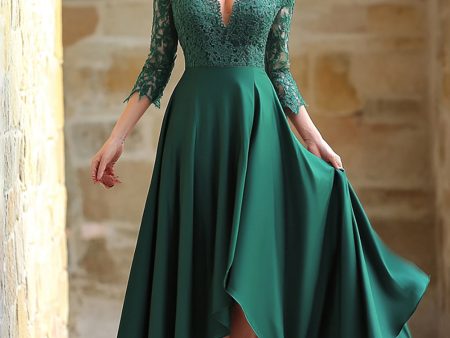 Satin Lace Dark Green  A Line V Neck 3 4 Sleeves Mother of the Bride Dress For Cheap