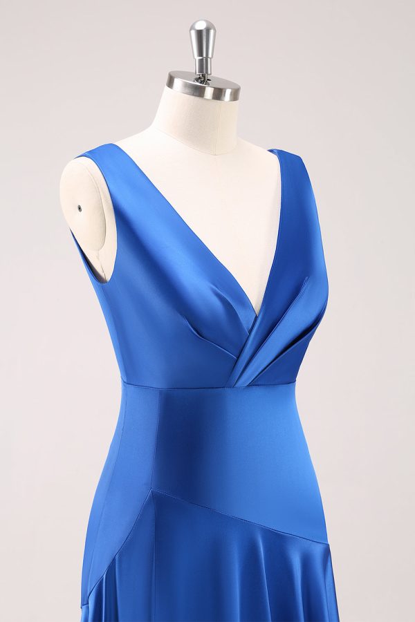 Ink Blue V-Neck Satin Bridesmaid Dress with Slit Online Hot Sale