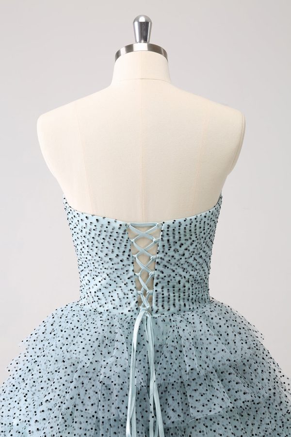 Blue A Line Tiered Dotted Strapless Homecoming Dress with Bows For Sale