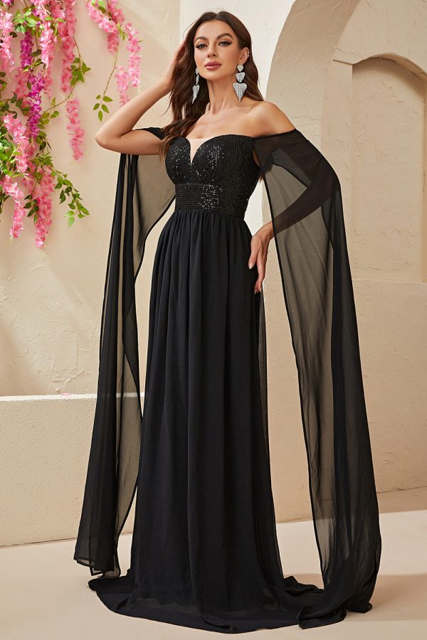 Black  A-line Off The Shoulder Chiffon Long Prom Dress Cheap