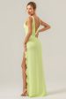 Lime Sheath Deep V Neck Backless Long Bridesmaid Dress with Ruffle Slit Supply