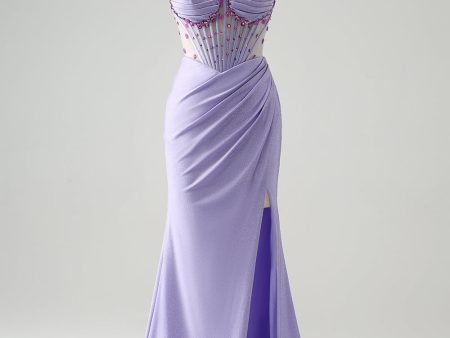 Light Purple Mermaid Strapless Ruched Beaded Corset Prom Dress with Slit For Cheap