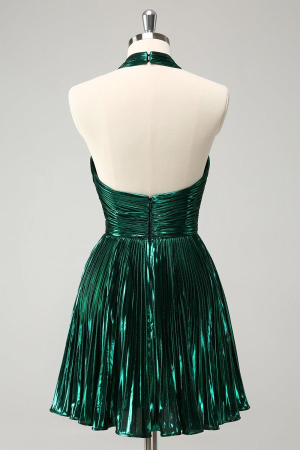 Glitter Dark Green Halter A-Line Pleated Metallic Homecoming Dress Online