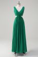 Green A-Line V Neck Ruched Chiffon Knee Length Bridesmaid Dress For Sale