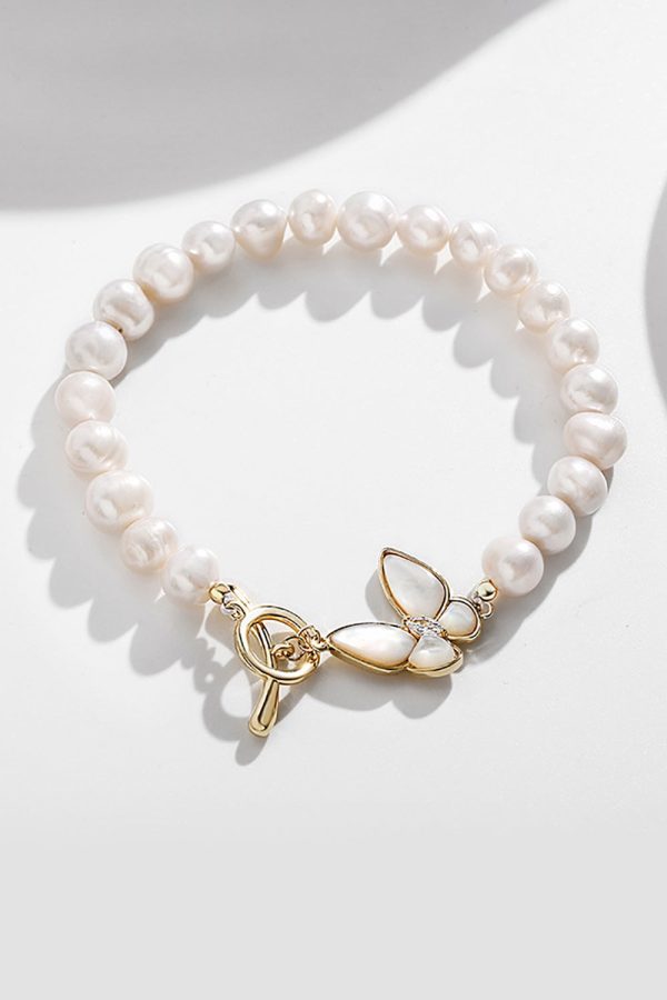 Sparkly White Pearl Stretch Bracelet with Butterfly Online Hot Sale