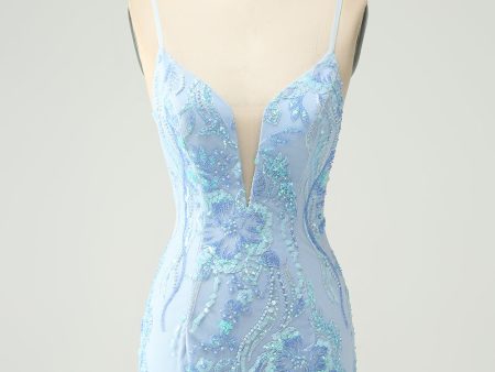 Light Blue Spaghetti Straps Tight Short Homecoming Dress with Sequins For Discount