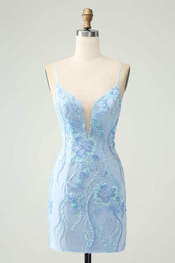 Light Blue Spaghetti Straps Tight Short Homecoming Dress with Sequins For Discount