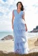 Grey Blue A-Line V Neck Tiered Tulle Long Bridesmaid Dress with Slit Online Hot Sale