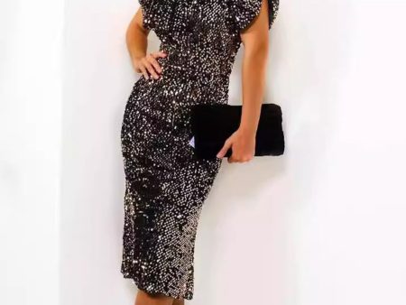 Sparkly Black Mermaid Sequins High Neck Tea Length Party Dress For Cheap