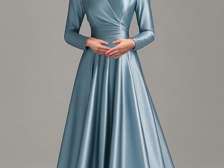 A Line Grey Blue V Neck Mother Of the Bride Dress with Long Sleeves Online Hot Sale